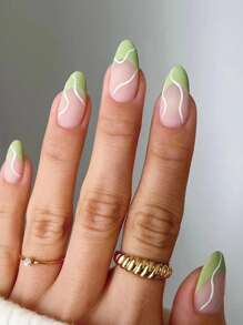 Upgrade Your Look With 24pcs Long Almond Green French Striped Matte Fake Nail & 1sheet Tape & 1pc Nail File Press On Nails Nail Supplies - Multicolor - View 1