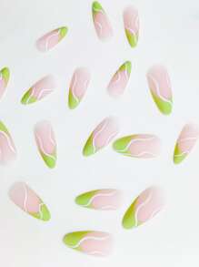 Upgrade Your Look With 24pcs Long Almond Green French Striped Matte Fake Nail & 1sheet Tape & 1pc Nail File Press On Nails Nail Supplies - Multicolor - View 3