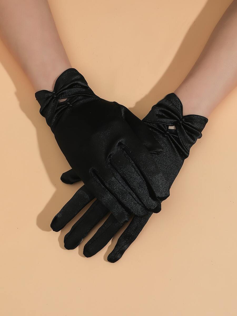 Satin Bead Decor Gloves Bow - Black - View 1