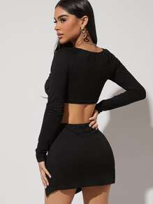 SHEIN Unity 纏繞式短上衣與綁帶包裙套裝 - 黑色 - 查看 2