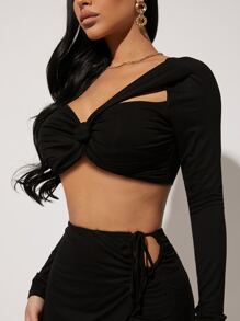 SHEIN Unity 纏繞式短上衣與綁帶包裙套裝 - 黑色 - 查看 3
