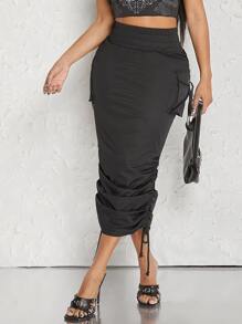 Hauture Flap Pocket Drawstring Ruched Skirt - Black - View 1