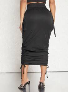 Hauture Flap Pocket Drawstring Ruched Skirt - Black - View 2