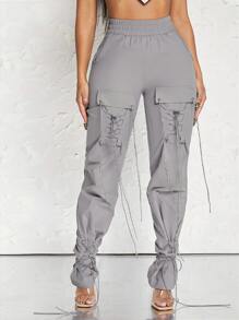 Denimoi Flap Pocket Side Drawstring Hem Cargo Trousers - Grey - View 2