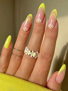 Upgrade Your Look with 24pcs Long Almond Yellow French Daisy Floral Pattern Fake Nail & 1pc Nail File & 1sheet Tape - Multicolor - View 1