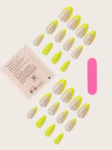 Upgrade Your Look with 24pcs Long Almond Yellow French Daisy Floral Pattern Fake Nail & 1pc Nail File & 1sheet Tape - Multicolor - View 2