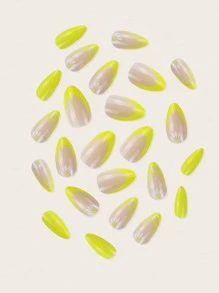 Upgrade Your Look with 24pcs Long Almond Yellow French Daisy Floral Pattern Fake Nail & 1pc Nail File & 1sheet Tape - Multicolor - View 5