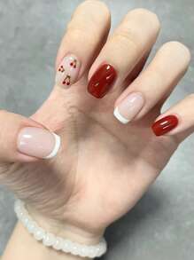 Ponte glamoroso con 24 uñas postizas cuadradas cortas con diseño de cereza francesa y 1 lima de uñas y 1 hoja de cinta para mujeres y niñas - Multicolor - Ver 1