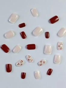 Ponte glamoroso con 24 uñas postizas cuadradas cortas con diseño de cereza francesa y 1 lima de uñas y 1 hoja de cinta para mujeres y niñas - Multicolor - Ver 5