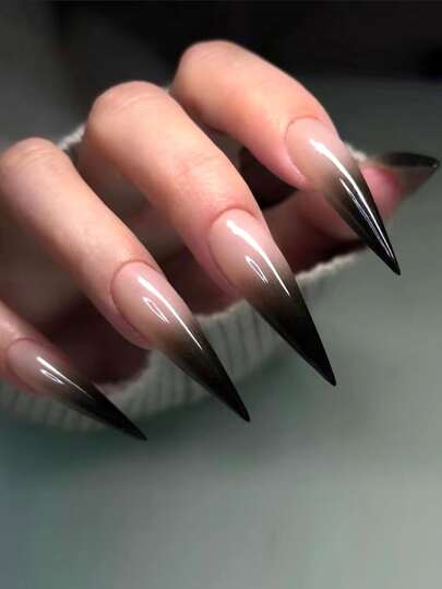 24入組長尖頭黑色光澤漸層假指甲，1片指甲檔，1張指甲膠帶，即時提升你的形象，美甲用品