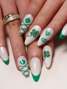 24 piezas de uñas postizas de almendra larga con estampado de corazón y 1 lima de uñas y 1 hoja de cinta para uñas postizas, suministros de uñas - Multicolor - Ver 1