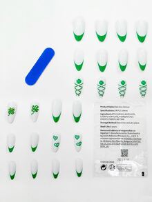 24 piezas de uñas postizas de almendra larga con estampado de corazón y 1 lima de uñas y 1 hoja de cinta para uñas postizas, suministros de uñas - Multicolor - Ver 2