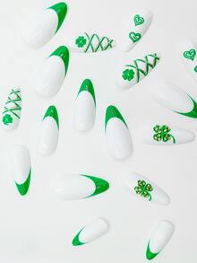24 piezas de uñas postizas de almendra larga con estampado de corazón y 1 lima de uñas y 1 hoja de cinta para uñas postizas, suministros de uñas - Multicolor - Ver 3