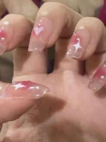 24入組無性別短方形貓眼實心棕色假指甲壓克力假指甲美甲套裝，包括1張膠貼片和1支微型指甲文件，適用於日常穿著 - 彩色 - 查看 1