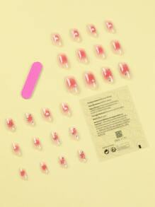 24入組無性別短方形貓眼實心棕色假指甲壓克力假指甲美甲套裝，包括1張膠貼片和1支微型指甲文件，適用於日常穿著 - 彩色 - 查看 2