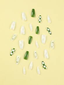 24pcs Long Coffin Plaid Pattern Fake Nail & 1sheet Tape & 1pc Nail File - Multicolor - View 4