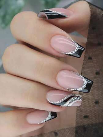 24pcs Upgrade Your Style! Short Coffin Shaped French Pink Nails With Black Edge & Glitter. Suitable For Daily Wear, Parties & Dance Events. Press On Nails Nail Supplies