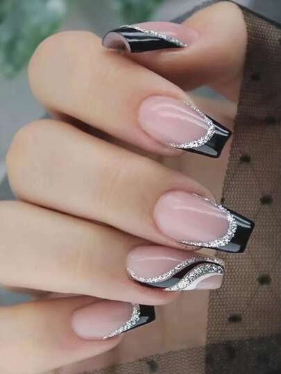 24pcs Upgrade Your Style! Short Coffin Shaped French Pink Nails With Black Edge & Glitter. Suitable For Daily Wear, Parties & Dance Events. Press On Nails Nail Supplies
