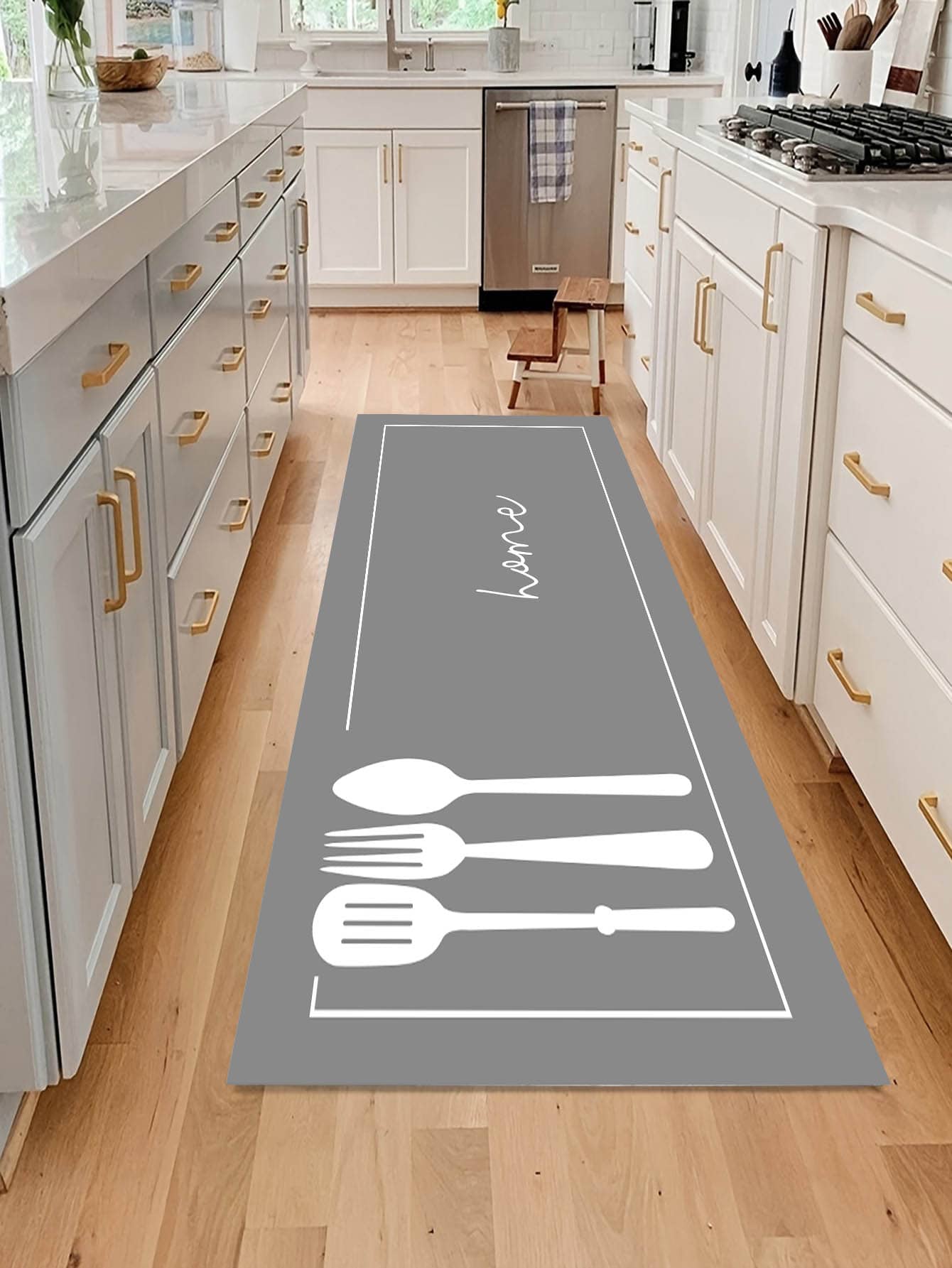 1 pièce Tapis de cuisine à motif de couverts gris, tapis de cuisine en polyester pour la cuisine - Gris - Voir 1