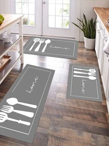 1 pièce Tapis de cuisine à motif de couverts gris, tapis de cuisine en polyester pour la cuisine - Gris - Voir 2