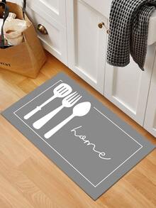 1 pièce Tapis de cuisine à motif de couverts gris, tapis de cuisine en polyester pour la cuisine - Gris - Voir 5