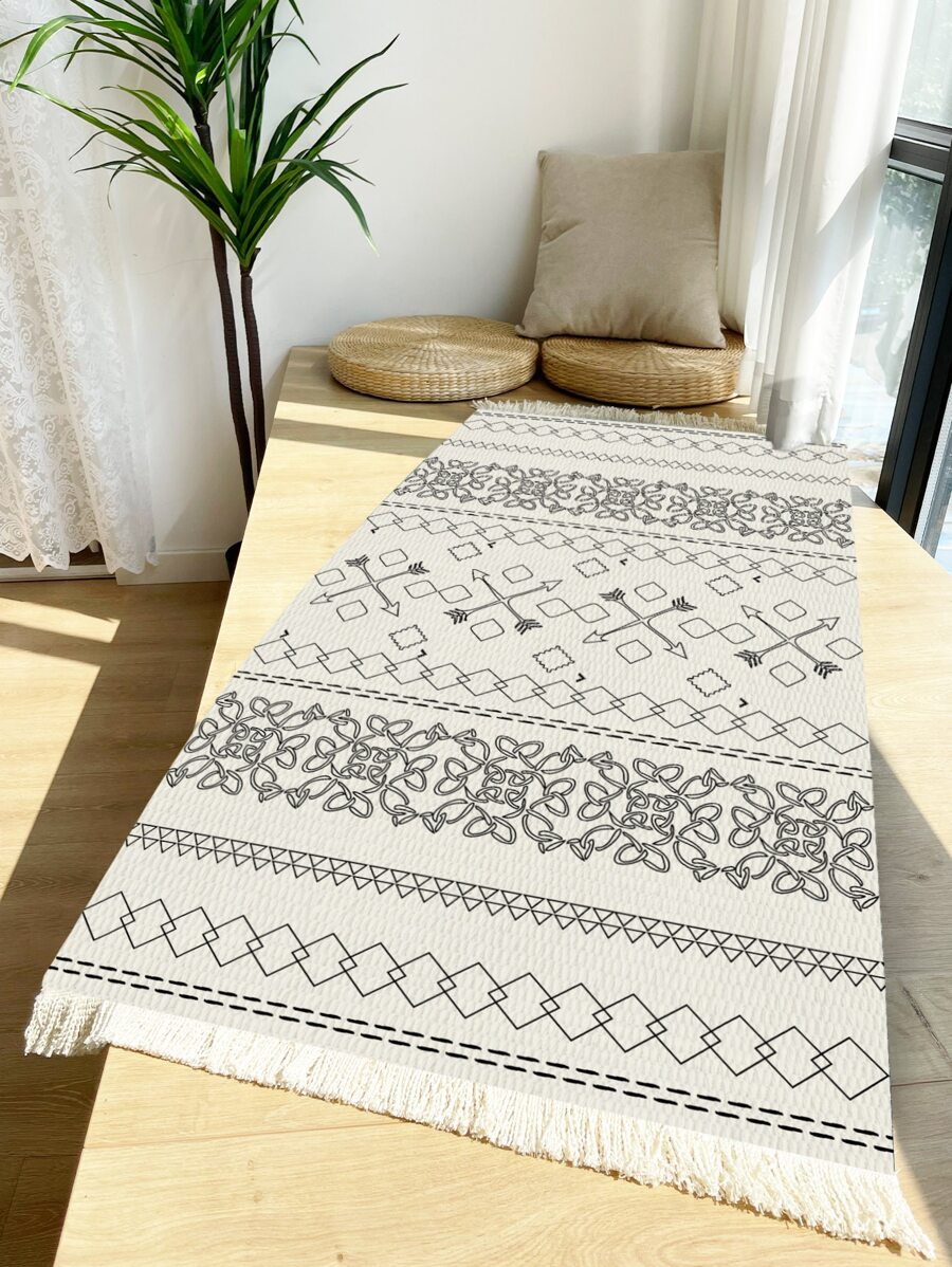 1PC Họa Tiết Hình Học Tua Rua Trang Trí Thảm, Thảm Polyester Hiện Đại Cho Gia Đình - Đen và trắng - Xem 1