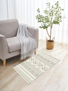 1PC Họa Tiết Hình Học Tua Rua Trang Trí Thảm, Thảm Polyester Hiện Đại Cho Gia Đình - Đen và trắng - Xem 4