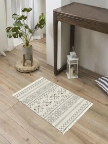 1PC Họa Tiết Hình Học Tua Rua Trang Trí Thảm, Thảm Polyester Hiện Đại Cho Gia Đình - Đen và trắng - Xem 6