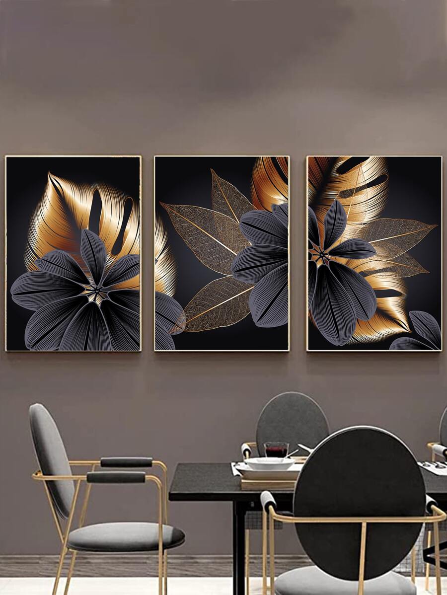 3 tấm áp phích trang trí nhà hiện đại, nghệ thuật treo tường nền lá vàng đen, vật liệu trang trí nhà khung tùy chọn - Đen và trắng - Xem 1