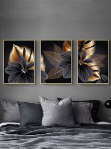 3 tấm áp phích trang trí nhà hiện đại, nghệ thuật treo tường nền lá vàng đen, vật liệu trang trí nhà khung tùy chọn - Đen và trắng - Xem 2