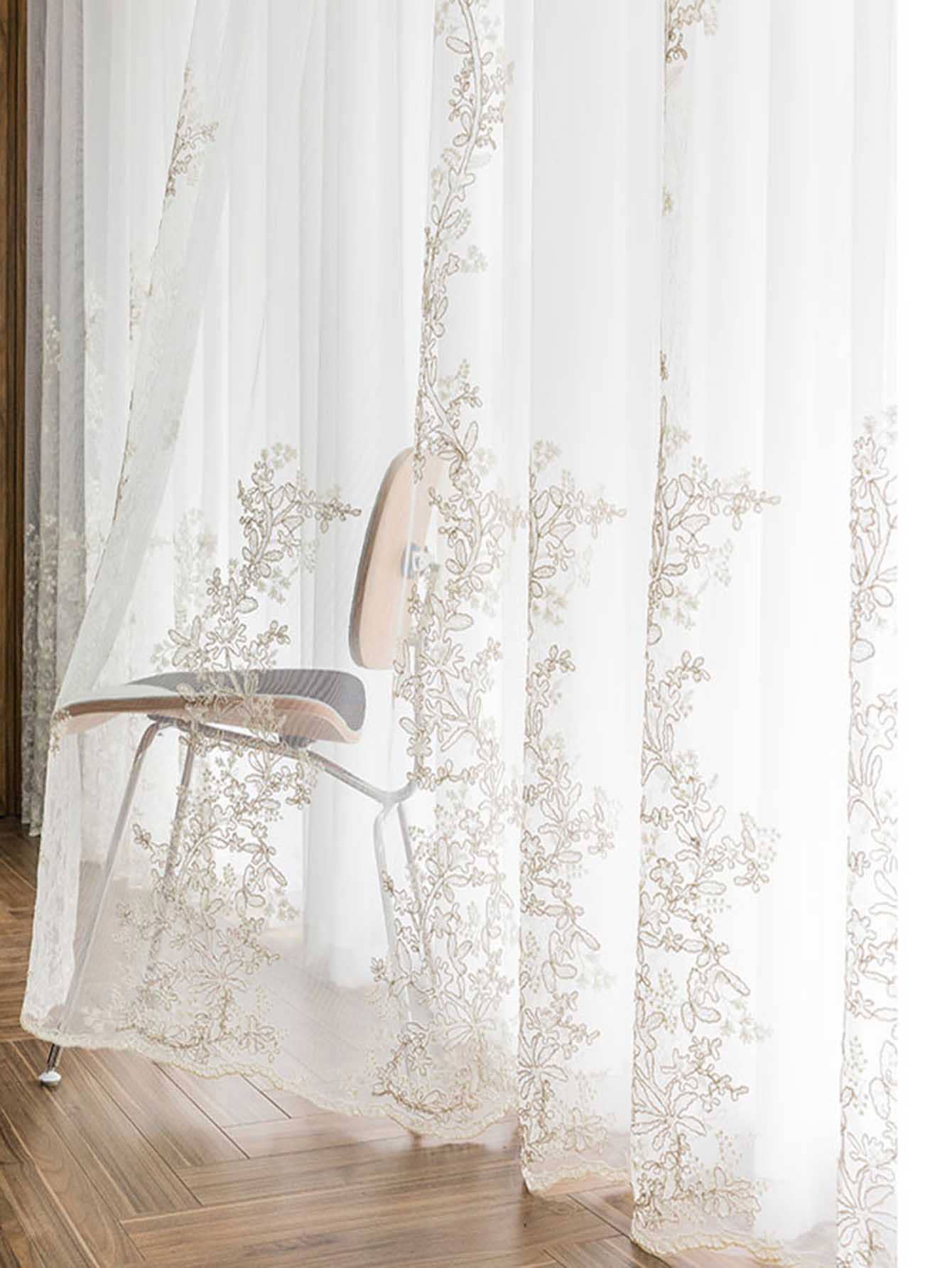 1pc Flower Embroidered Curtain, Modern Polyester Single Panel Curtain For Home