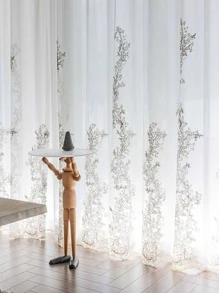 1pc Flower Embroidered Curtain, Modern Polyester Single Panel Curtain For Home