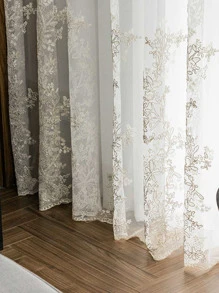 1pc Flower Embroidered Curtain, Modern Polyester Single Panel Curtain For Home