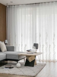 1pc Flower Embroidered Curtain, Modern Polyester Single Panel Curtain For Home