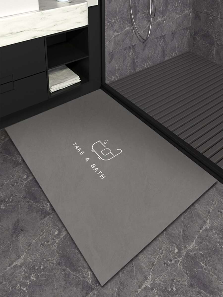 1pc Diatomite Bath Rug, Letter Graphic Rectangle Toilet Mat For Bathroom - Grey - View 1