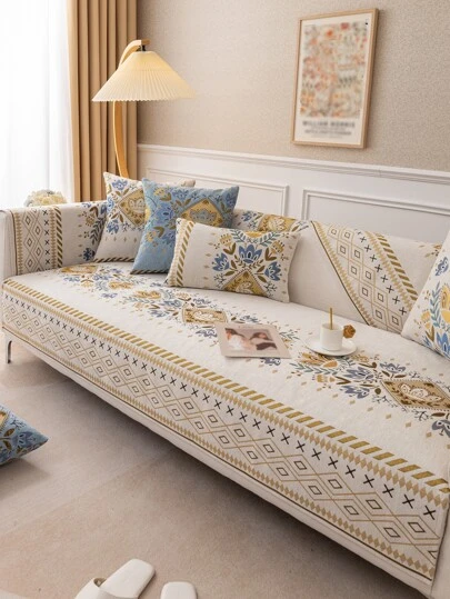 1pc Bohemian Style Chenille Woven Anti-Slip Sofa Cushion, All Season Pet Friendly Sofa Protector, Spring/Autumn Cat Scratch Resistant Sofa Cover Suitable For L-Shaped Combination Sofa And 1/2/3/4 Seat Sofa (Sold Individually)