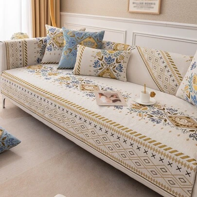 1件波西米亚风格雪尼尔编织防滑沙发垫，四季通用宠物友好型沙发保护套，春秋季防猫抓沙发套，适用于L型组合沙发和1/2/3/4座沙发（单独出售）