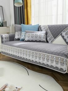 1pc Flower Embroidered Sofa Towel, Modern Polyester Sofa Cover Blanket For Home - Grey - View 1