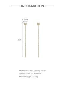 1pair Fashionable Cubic Zirconia Butterfly & Tassel Design Decorated With Rhinestones S925 Sterling Silver Stud Earrings, Suitable For Women's Daily Wear Holiday - Yellow Gold - View 4