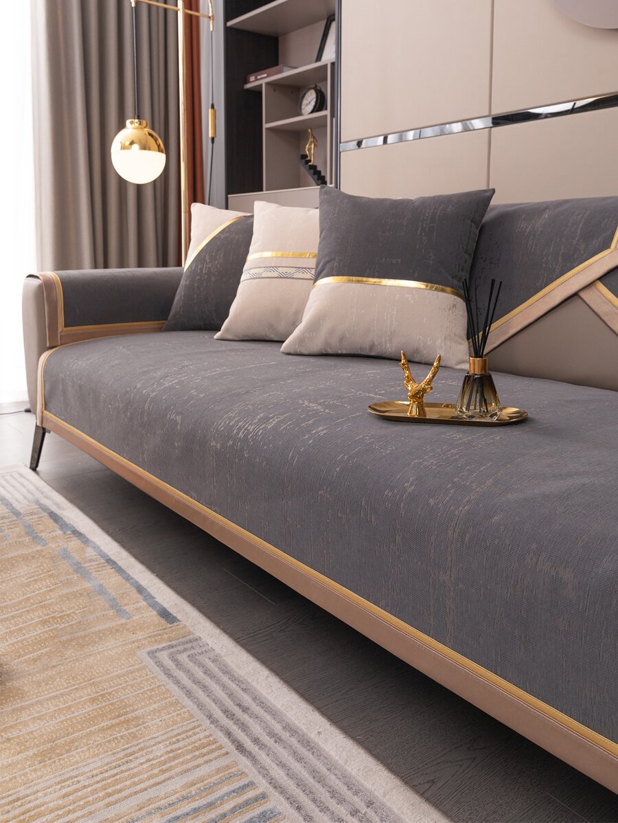 1入組撞色滾邊沙發現代滌綸沙發套毯子 - 灰色 - 查看 1