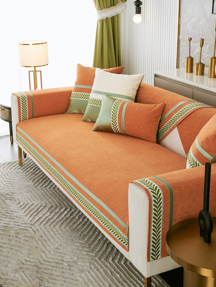 1pc Leaf Pattern Sofa Towel, Polyester Sofa Cover Blanket For Home, All Season - Orange - View 1