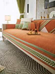 1pc Leaf Pattern Sofa Towel, Polyester Sofa Cover Blanket For Home, All Season - Orange - View 3