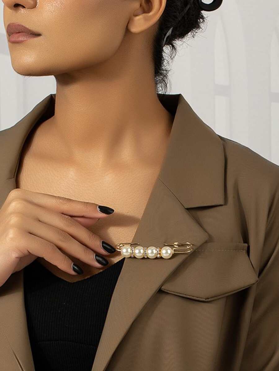 Faux Pearl Decor Safety Pin Design Brooch - Yellow Gold - View 1