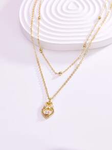 Cubic Zirconia Decor Heart Charm Layered Necklace - Yellow Gold - View 1