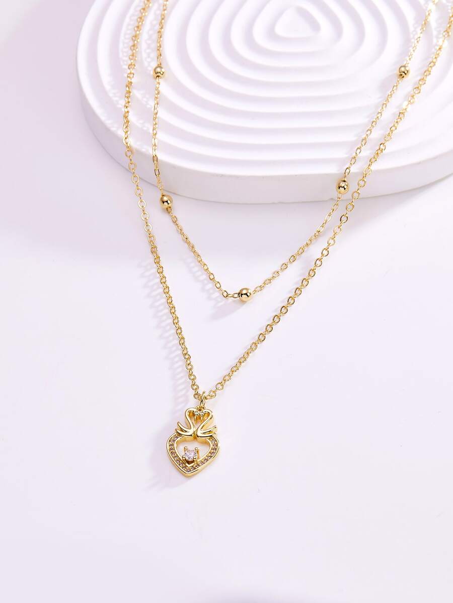 Cubic Zirconia Decor Heart Charm Layered Necklace - Yellow Gold - View 1