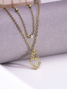 Cubic Zirconia Decor Heart Charm Layered Necklace - Yellow Gold - View 2