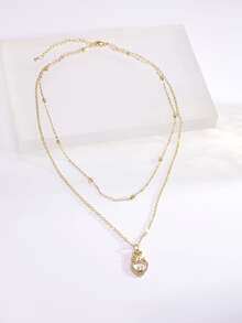 Cubic Zirconia Decor Heart Charm Layered Necklace - Yellow Gold - View 3