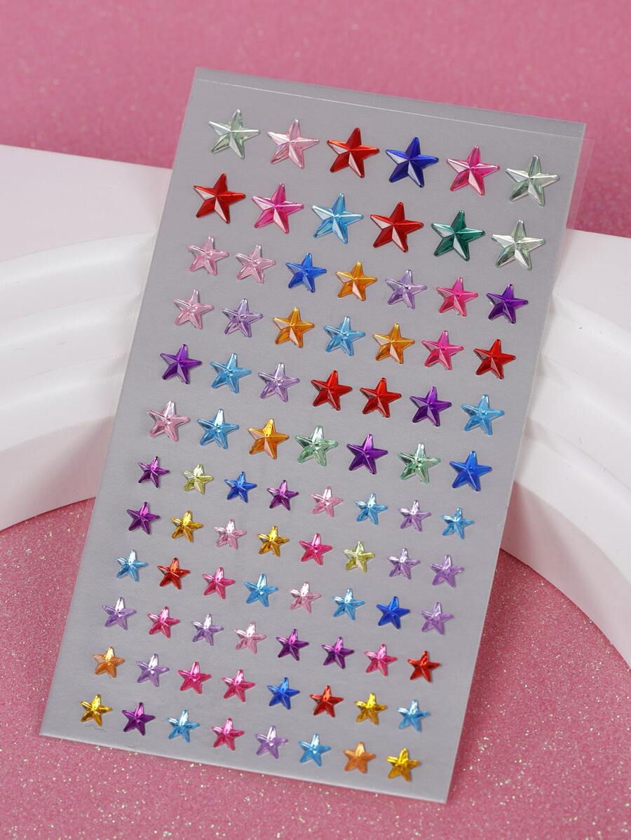 1張不同尺寸和顏色皆有的3d五角星形人造寶石臉部鑲嵌貼紙,可用於diy音樂節y2k Cosplay F派對眼部和臉部裝飾 - 彩色 - 查看 1