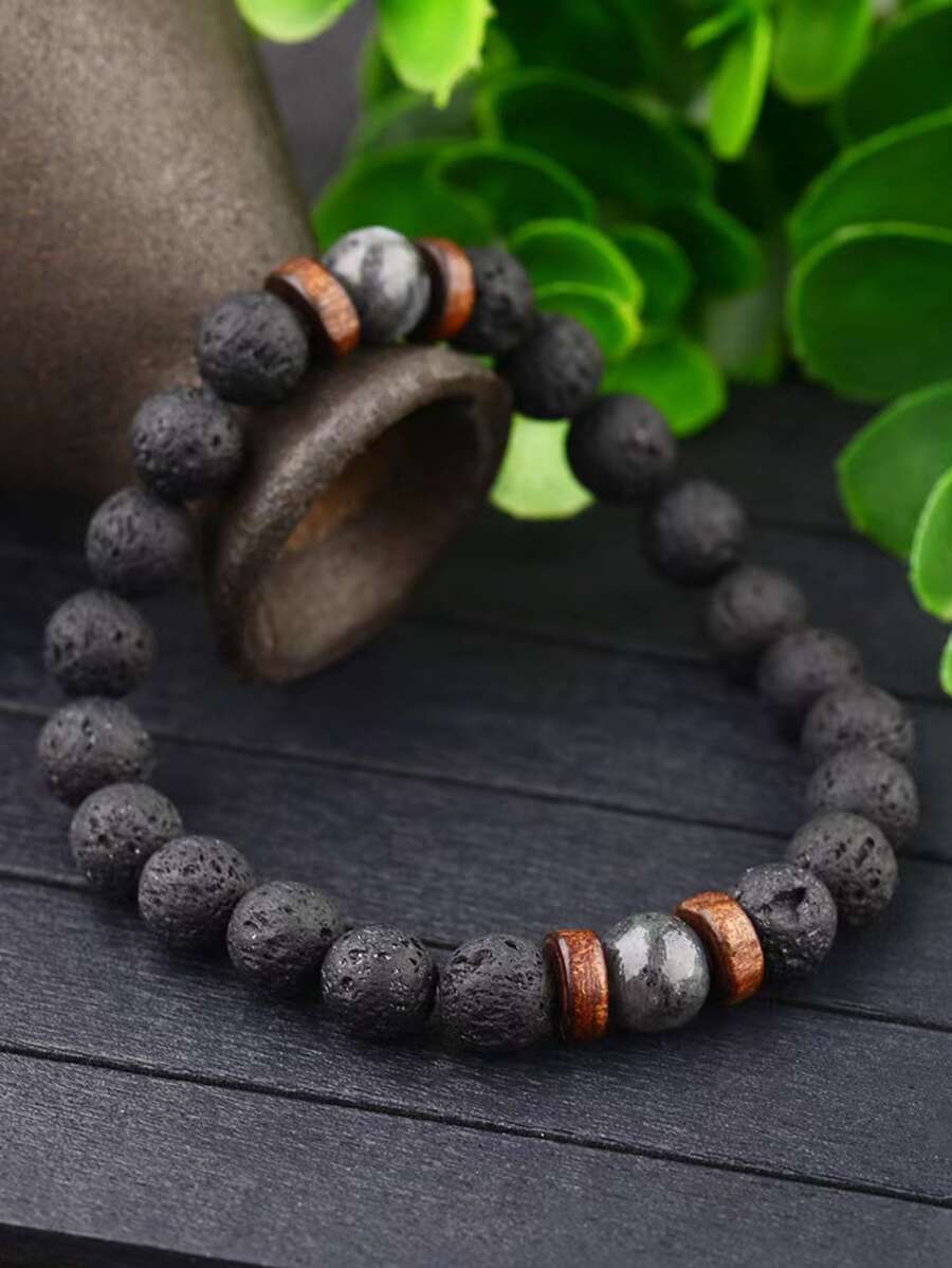 男士石頭串珠手環,適用於首飾類禮品和派對 - 黑色 - 查看 1