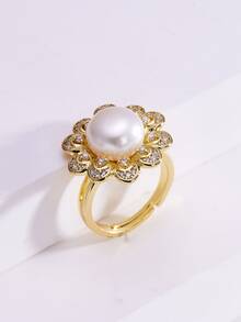 1 anillo abierto para mujeres con perlas falsas y pedrería - Amarillo Oro - Ver 3